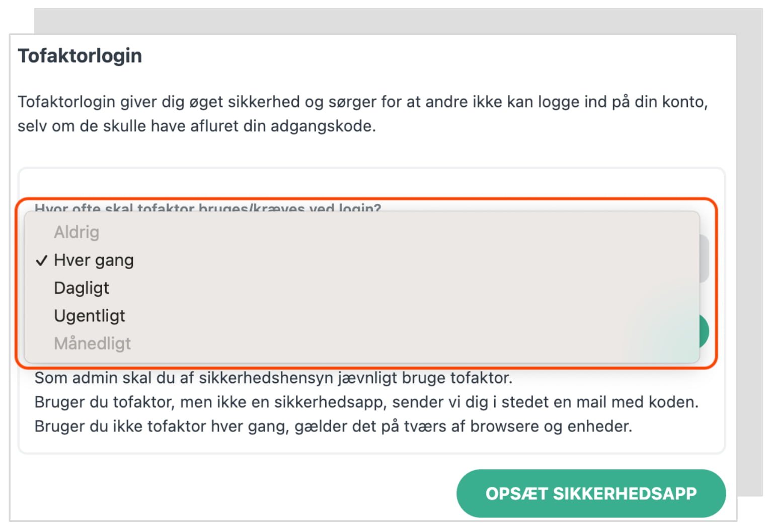 Indstil frekvensen af tofaktorlogin