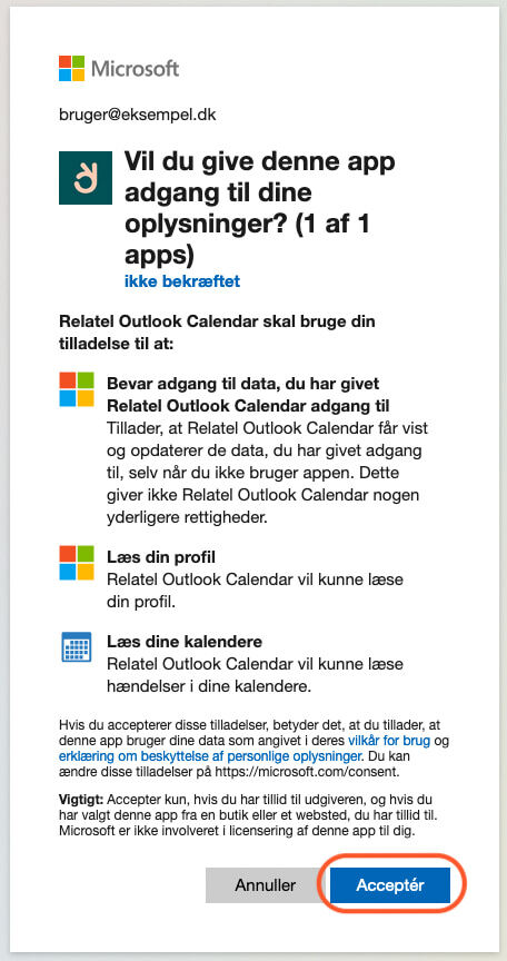 Giv tilladelse til at Relatel har adgang til Outlook Calendar